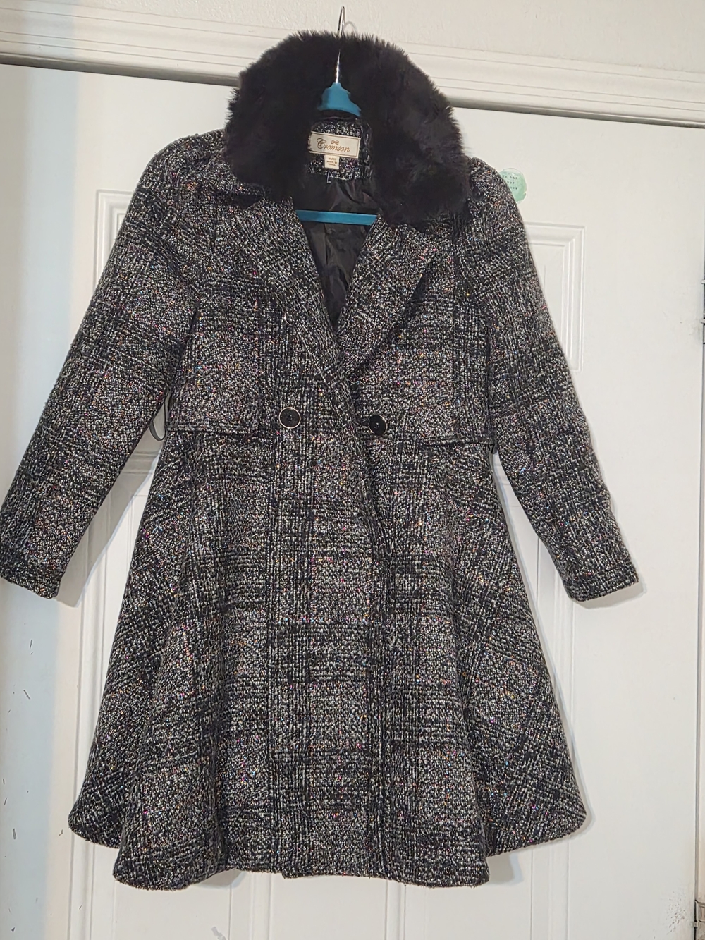 Classic Black Tweed Trench Coat with Faux Fur Collar